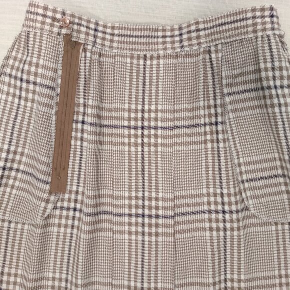 Women's Plaid Skirt Midi Pleated Tan White Black Cotton Blend A-Line Vtg Size 12 - Picture 5 of 6